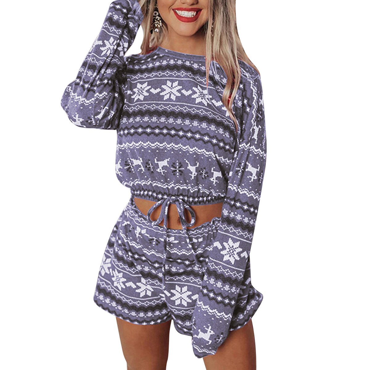 Women's Christmas Sleeping Clothes Round Collar Snowflake Print Tops + Elastic Loose Shorts Pajama Sets Home Wear Clothes