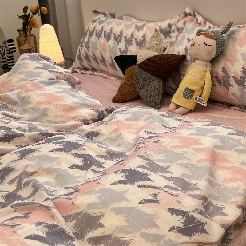 Ins Cartoon Sheep Flowers Bedding Set Duvet Cover Soft Queen King Size Flat Bed Sheet Quilt Cover Pillowcase Kawaii