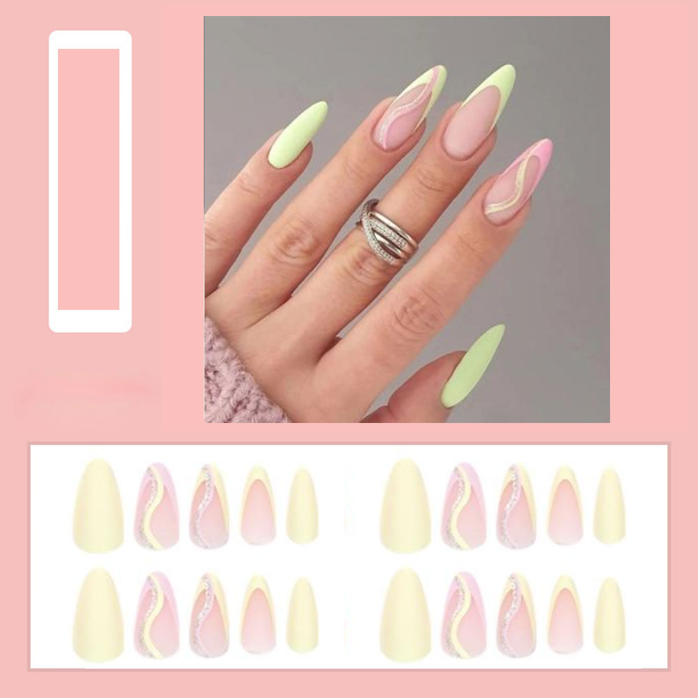 Simple French Wearable False Nails Almond Colorful Stripes Colorblock Design Manicure Fake Nails Line Full Cover Press On Nail