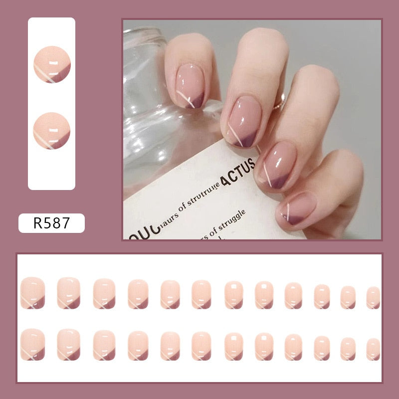 24Pcs/Set Short False Press on Nail Tip with Glue Designs Detachable Reusable Fake Nails with Glue Stick-on Nail Art DIY Tips