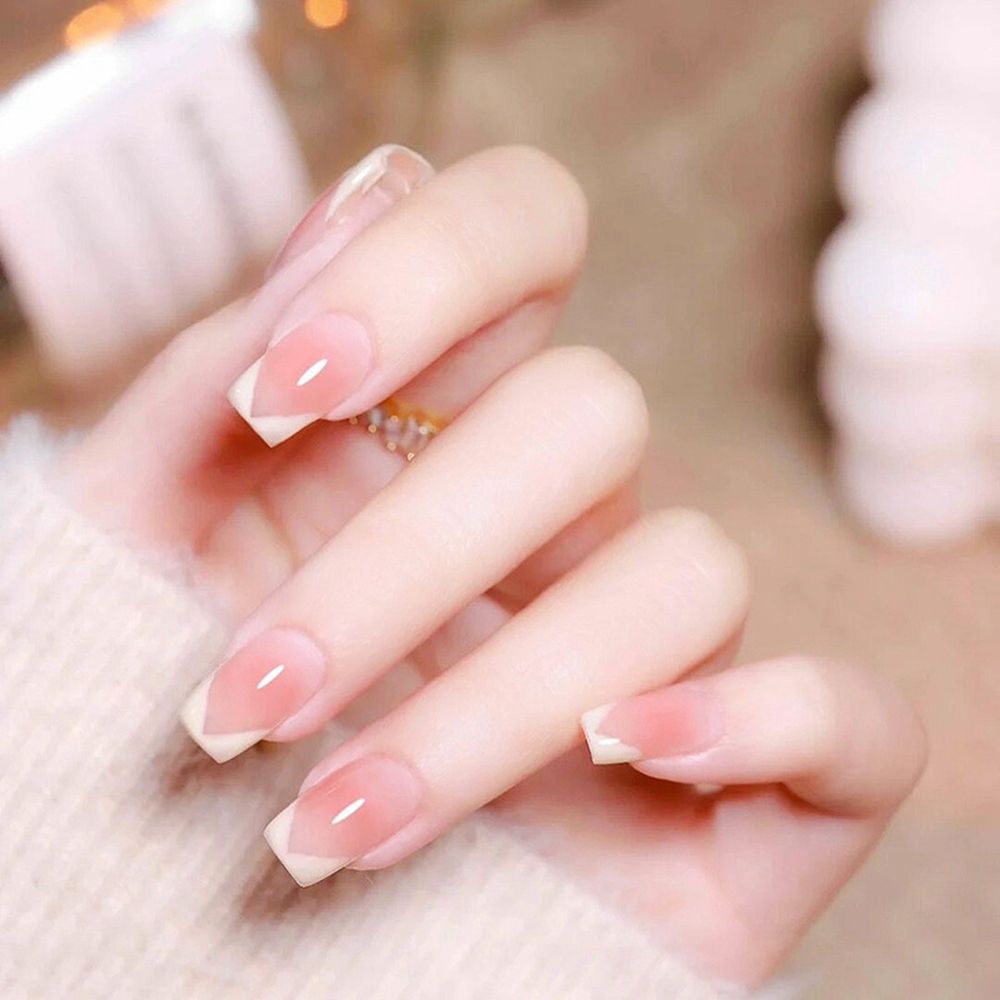 24Pcs Short False Nails Coffin nude pink design Artificial Ballerina Fake Nails With Glue Full Cover Nail Tips Press On Nails