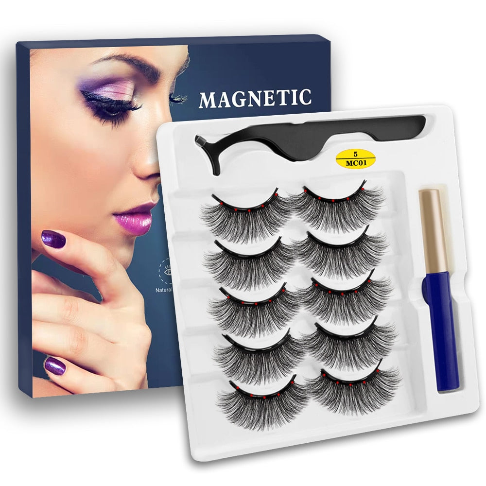 LE 5Pairs 5 Magnetic Eyelashes Eyeliner False Lashes Naturel Mink Eyelashes Waterproof Liquid With Tweezer Faux Cils Magnetique