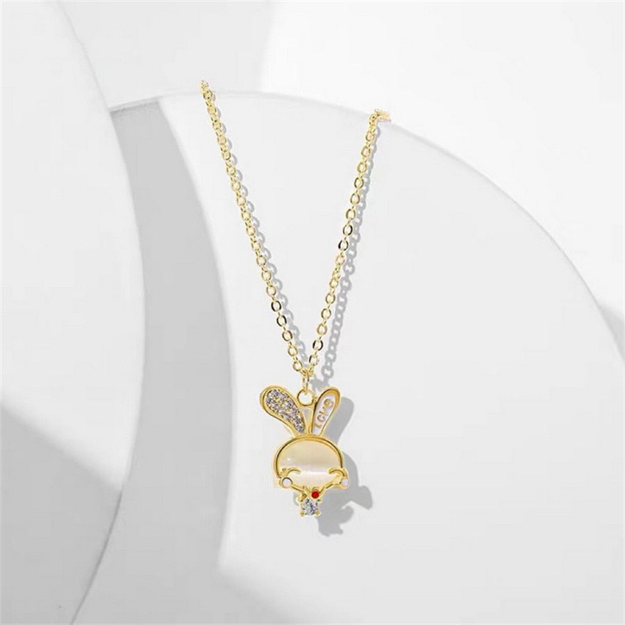 Light Luxury Opal Rabbit Pendant Necklace For Women Chinese Style Rabbit Sitting On Moon Star Animal Choker Trendy Party Jewelry