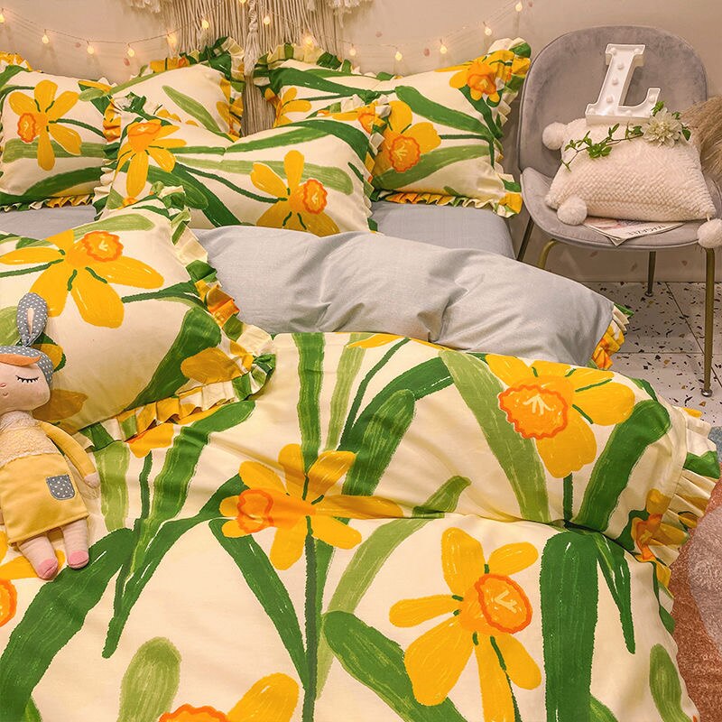 NEW Cotton 4PCS Luxury Bedding Set Ruffles Art Oil Painting Yellow Floral  Pattern Bed Sheet Quilt Cover Pillow Queen/single