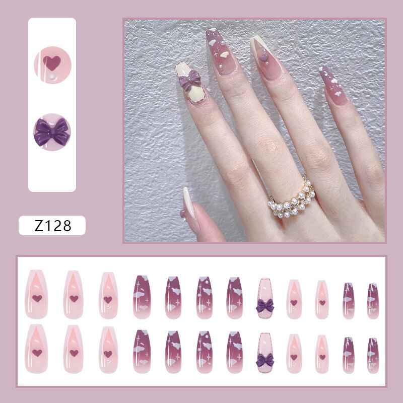 24P Long Ballet Full Cover Artificial Nail Art Fake Nails Handmade Wearing Butterfly with Drill Detachable Seamless False Nails