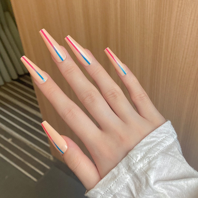 Pink Cow Design False Nail French Full Cover Long Coffin Fake Nails Glue DIY Manicure Nail Art Tools press on nails nail tips