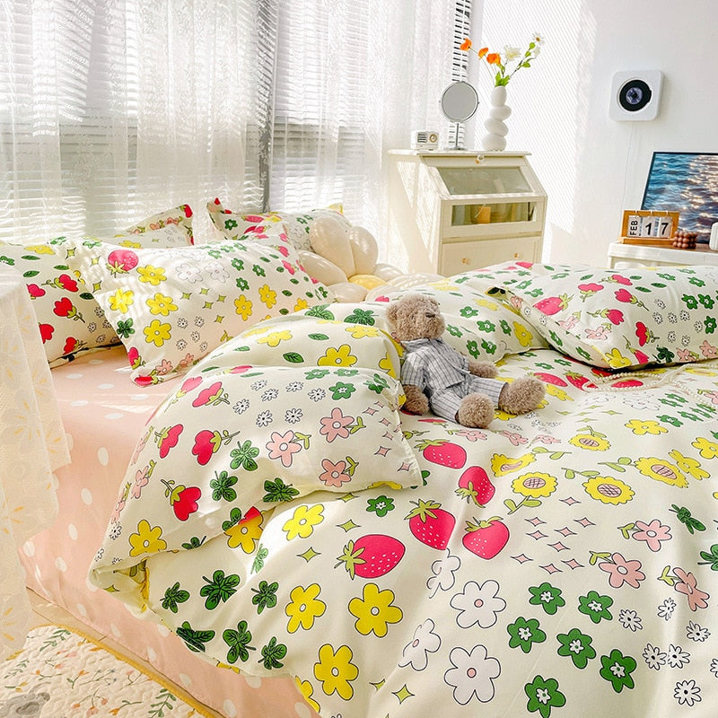 New Cartoon Foral Print Polyester Bedding Set Full Size Soft Thicken Duvet Cover Set with Flat Sheet Quilt Cover and Pillowcase