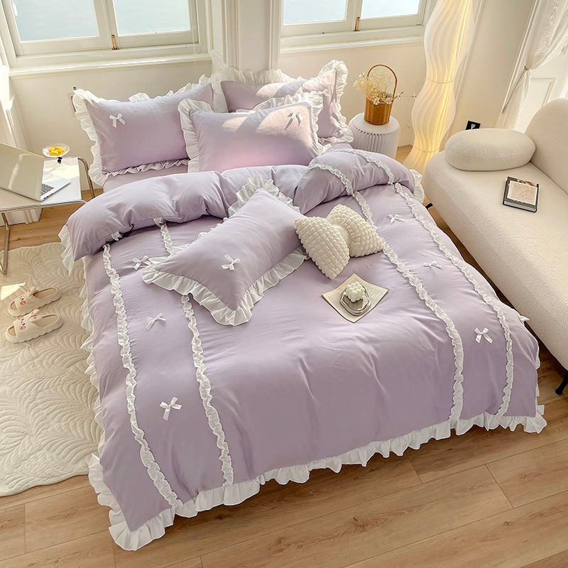 Korean Princess Style Bedding Sets Ins Lace Bowknot Duvet Cover Fitted Sheet For Girl Woman Home Bedroom Kawaii Bed Linens