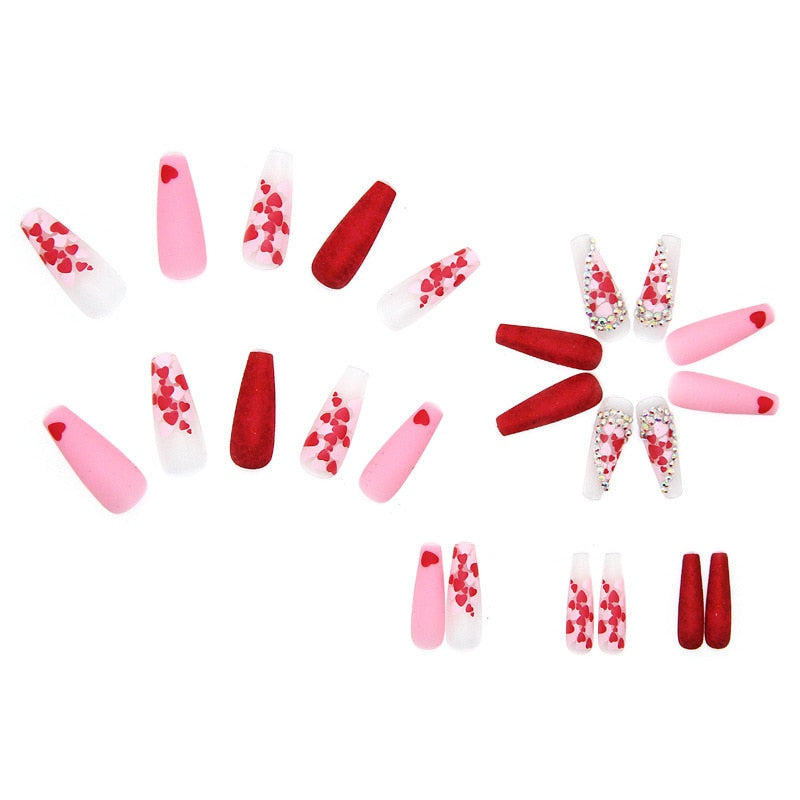 Rhinestones Splicing Heart Long Fake Nails Art Tips Press on Nail False For Extensionfake Nails With Glue Stickers Reusable Set