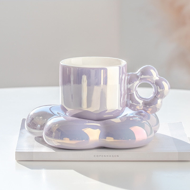 Elegant Pearl White Pink Purple Flower Coffee Cup and Saucer Cute Ceramic Tea Cup Set Drinkware Gift For Her Girl Mother Friends