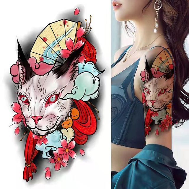 Waterproof Temporary Tattoo Sticker Black White Cat Moon Design Body Art Fake Tattoo Flash Tattoo Arm Female Male