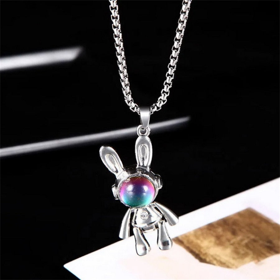 Light Luxury Opal Rabbit Pendant Necklace For Women Chinese Style Rabbit Sitting On Moon Star Animal Choker Trendy Party Jewelry