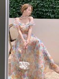 2022 Summer French Vintage Floral Dress One-shoulder Puff Sleeve Sexy Backless Slip Dresses Elegant Temperament Female Dress