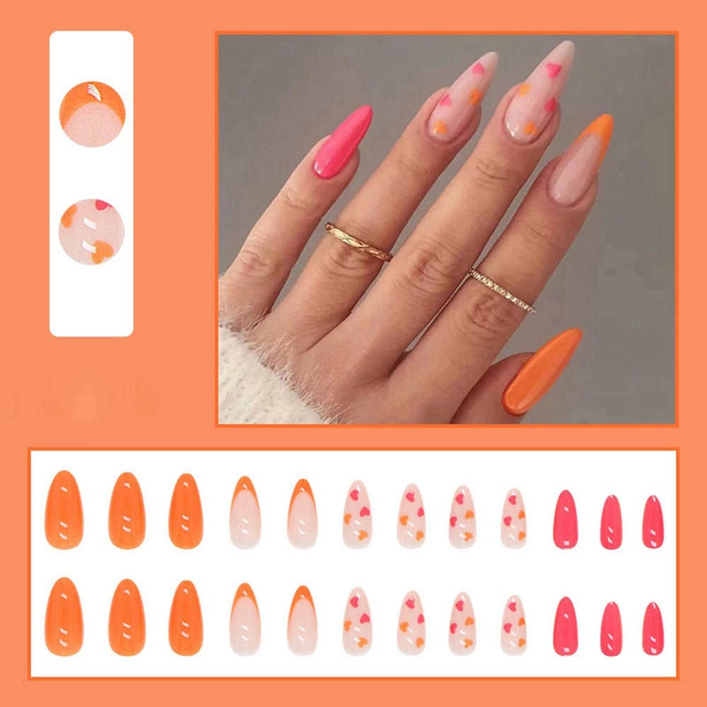 Simple French Wearable False Nails Almond Colorful Stripes Colorblock Design Manicure Fake Nails Line Full Cover Press On Nail