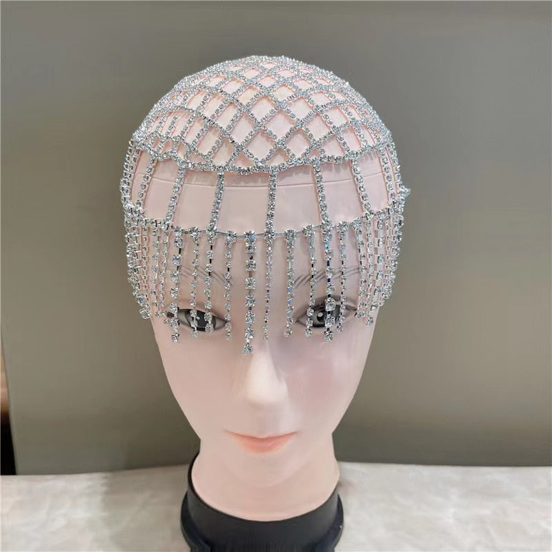 2021 Hollow Rhinestone Mesh Headpiece Wedding Head Chain Jewelry for Women Luxury Crystal Headband Head Cap Hat Hair Accessories