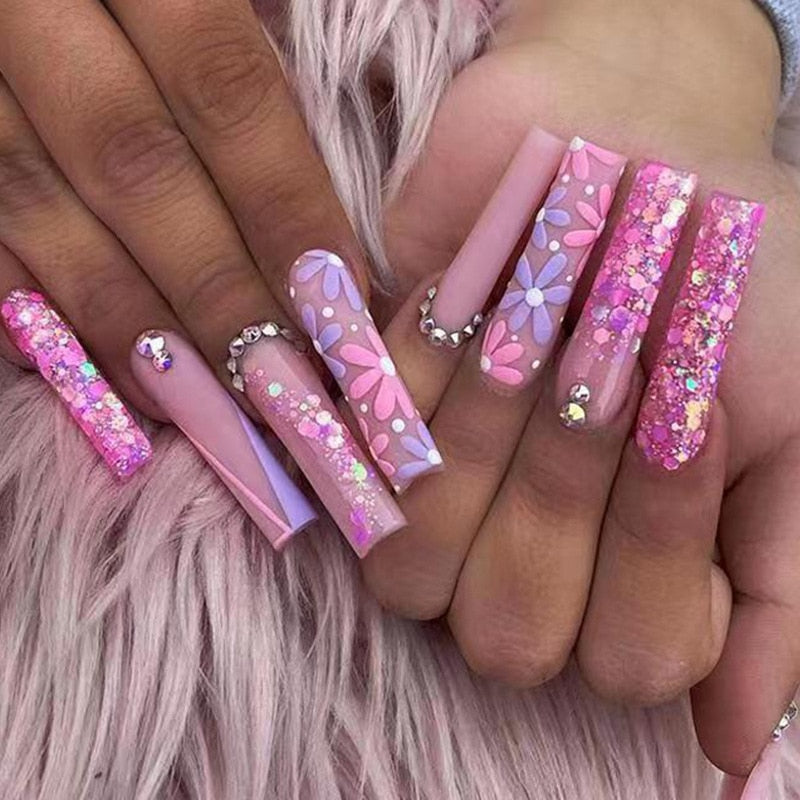 24Pcs Flower Design False Nails with Rhinestones Glitter Long Ballet Fake Nails Wearable Coffin Nail Tips Press on Nails