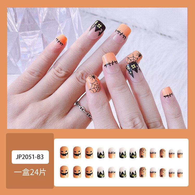 24Pcs Long Coffin False Nails Grimace Designs Wearable French Ballerina Fake Nails Press on Full Cover Manicure Nail Tips