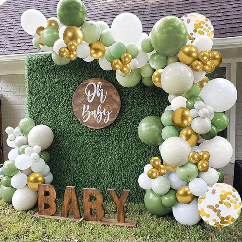 152pcs Retro Green Balloons Garland Arch Kit White Gold Confetti Balloon Baby Baptism Shower Birthday Wedding Party Decoration