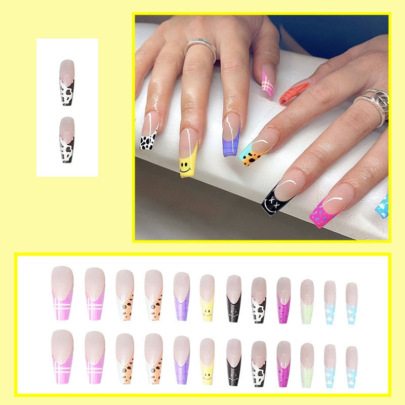 Pink Cow Design False Nail French Full Cover Long Coffin Fake Nails Glue DIY Manicure Nail Art Tools press on nails nail tips