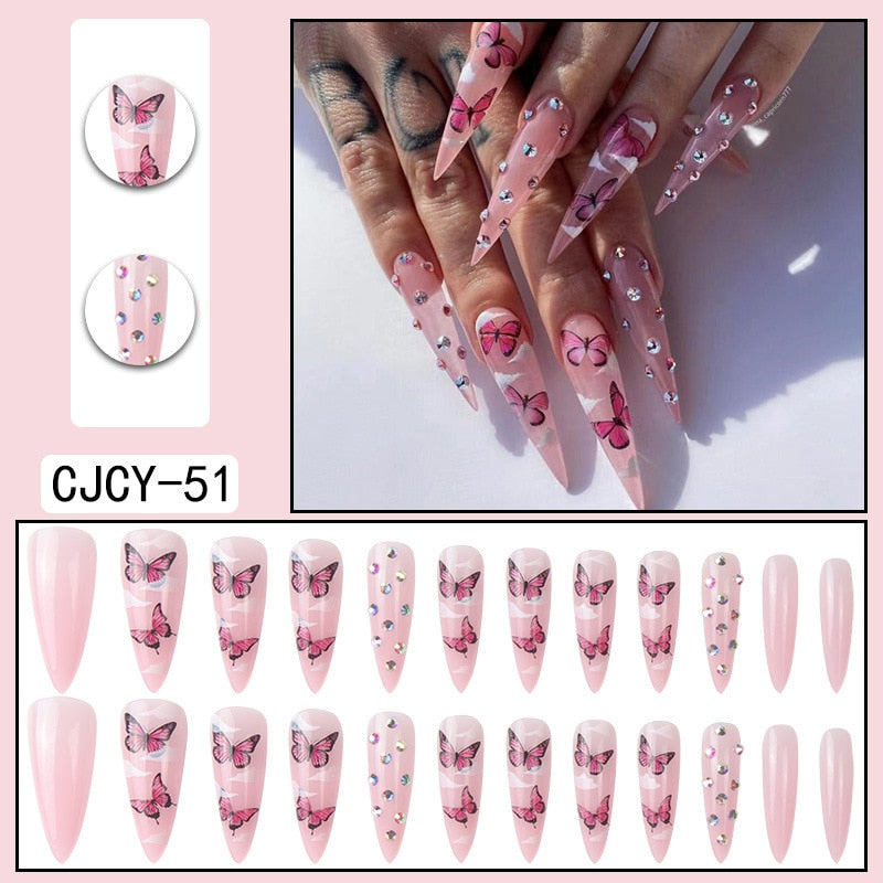 Tiffany Blue Retro Wintersweet Long Stiletto Nails Kit With Glue Chinese Design Flower French Fake False Plum Box Nail Tips 2022