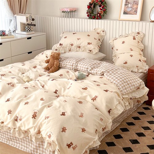 100% Cottom queen bedding set Romantic printed rose ruffle pink bedding set princess home textile linen bed sheet set twin size