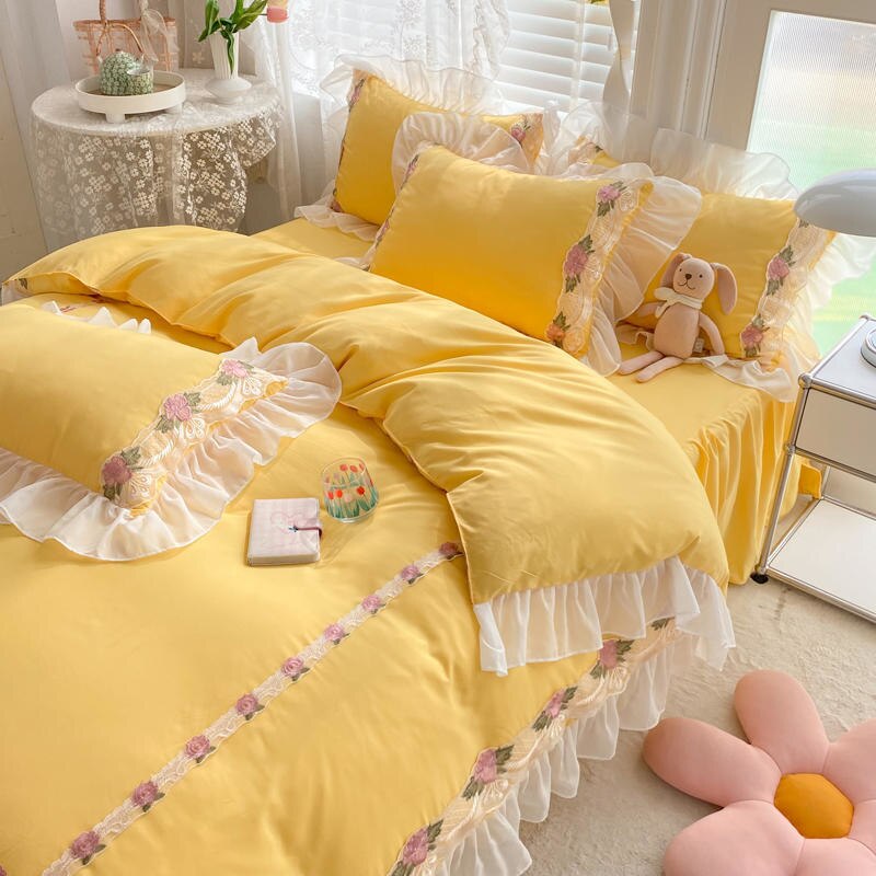 Princess Style Korean Bed Skirt Bed Sheet Embroidered Ruffle Lace Quilt Cover Ins Bedding For Girls Luxury Home Textiles