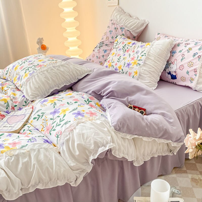 INS Princess Style Flower Bedding Set Duvet Cover With Ruffle Lace Bed Sheet Pillowcases Kawaii Girl Woman Bedroom Home Textiles