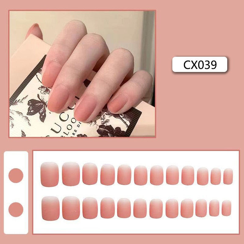 24pcs/box Fake Nails Press on Short Reusable with Designs Set French Artificial Pink kawaii False Tipsy Stick-on Nails Tips Art