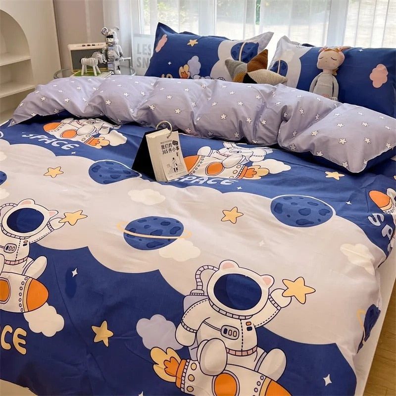 Ins Style Duvet Cover Flat Sheet Pillowcases Cute Cartoon Floral Bed Linen Twin Full Queen Size Kids Home Bedding Set