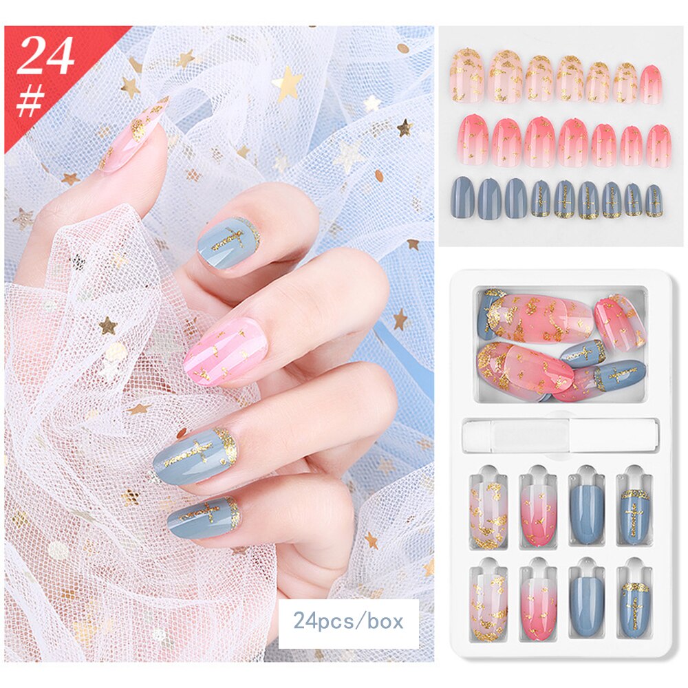 24 Pcs/Box False Nail Glitter Mirror Aurora Full Cover Nail Tips Coffin Fake Nails Gradient Nail DIY Decoration