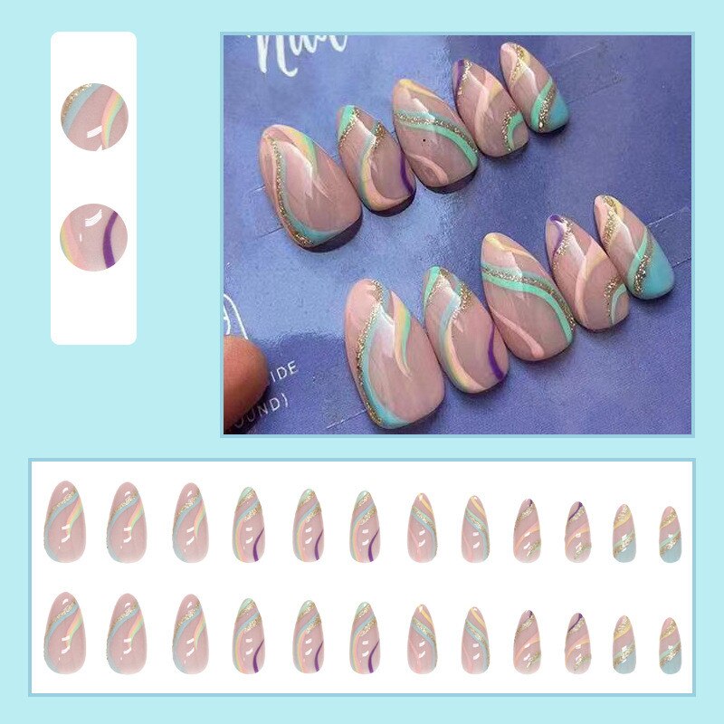 24Pcs Mid-length Fake Nails with Butterfly Design Almond Wavy Lines False Nails Wearable Press on Nails Full Cover Nail Tips