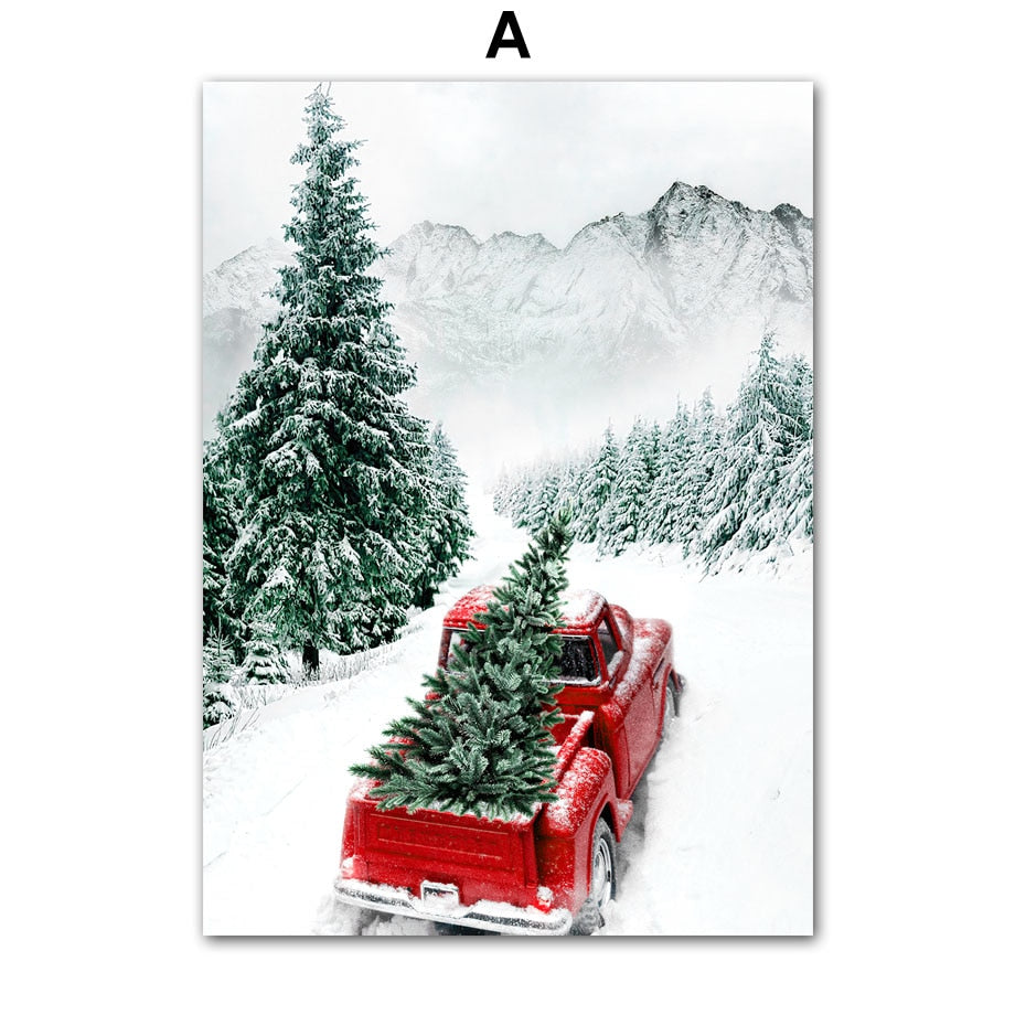 Christmas Tree Red Vintage Car Deer Cafe Wall Art Canvas Painting Living Room Decoration Posters And Prints Home Wall Pictures