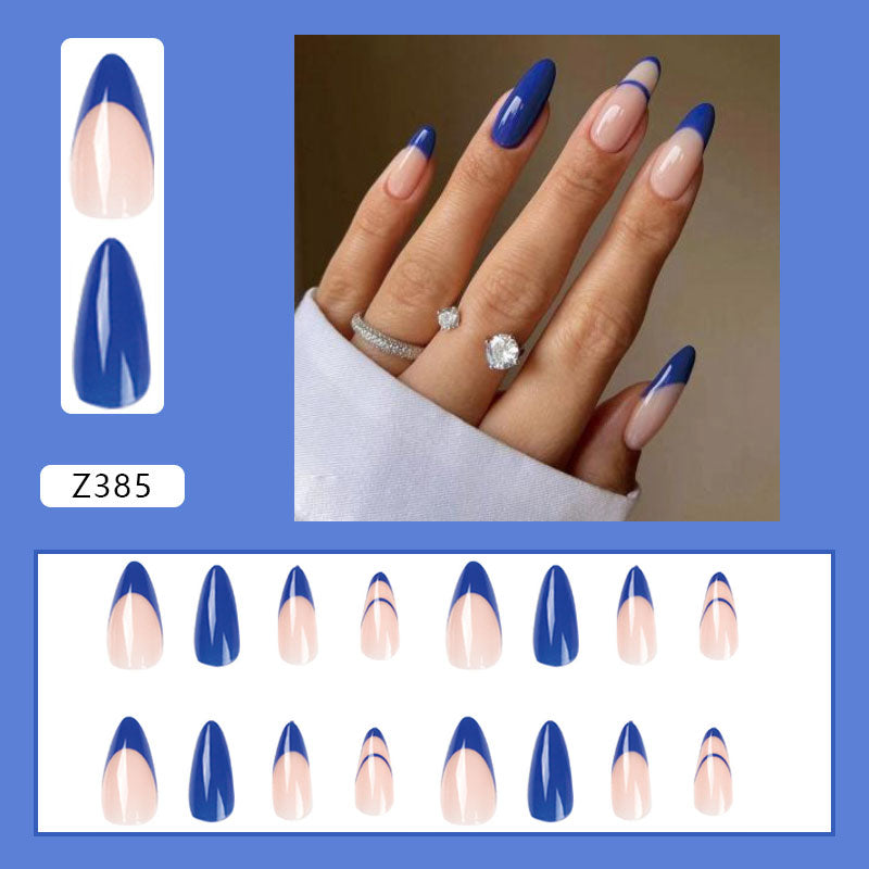 Simple French Wearable False Nails Almond Colorful Stripes Colorblock Design Manicure Fake Nails Line Full Cover Press On Nail