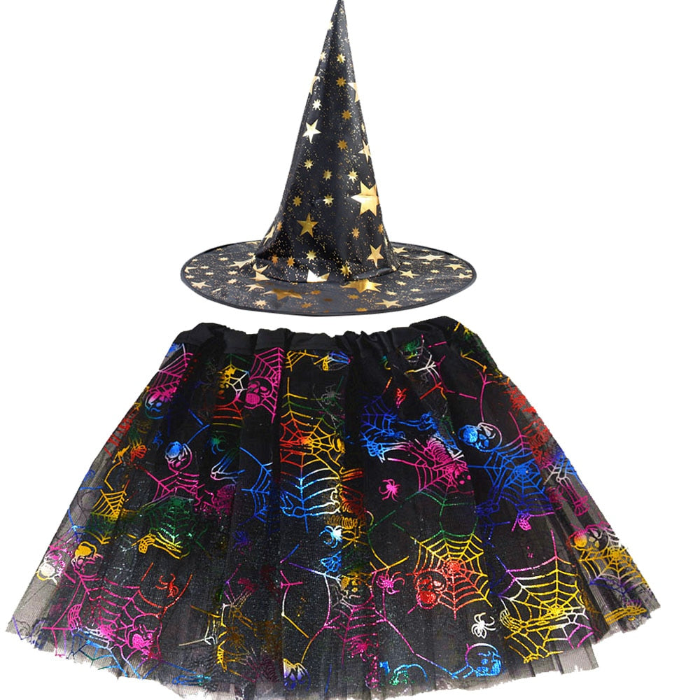 Halloween Costume for Kids Girls Spider Web Tutu Cobweb Skirt Witch Wizard Hat Tulle Carnival Birthday Party Outfits Festival