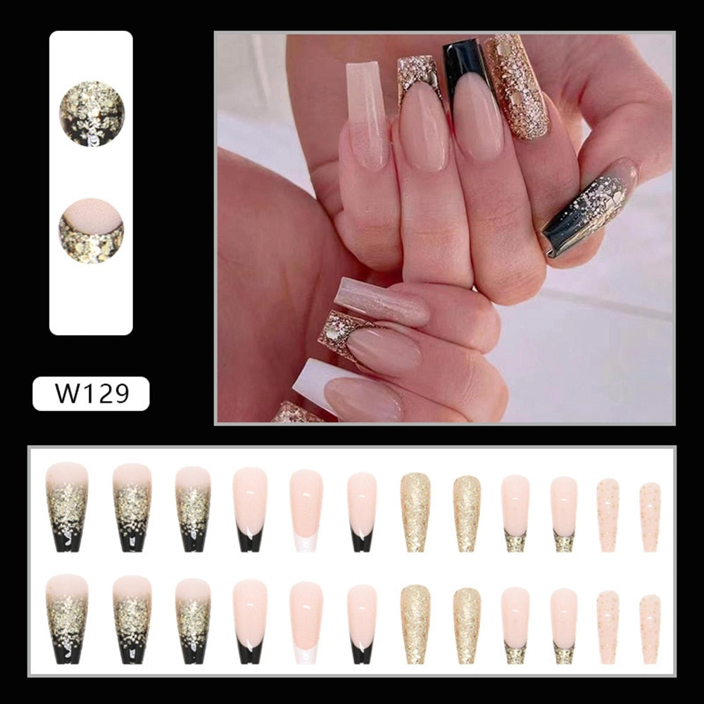 24Pcs Long Coffin False Nails Gold Glitter Sequins Designs Press On Full Cover Fake Nails Tips Wearable Manicure Art Accessories