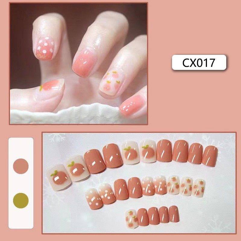 24pcs/box Fake Nails Press on Short Reusable with Designs Set French Artificial Pink kawaii False Tipsy Stick-on Nails Tips Art