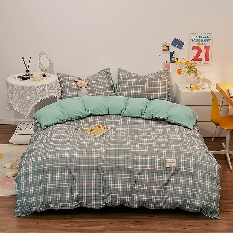 Japanese Bedding Set Grid Flat Fitted Sheet Pillowcase Duvet Cover No Filling Nordic Single Full King Size Girls Boys Bedl Lines