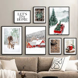 Christmas Tree Red Vintage Car Deer Cafe Wall Art Canvas Painting Living Room Decoration Posters And Prints Home Wall Pictures