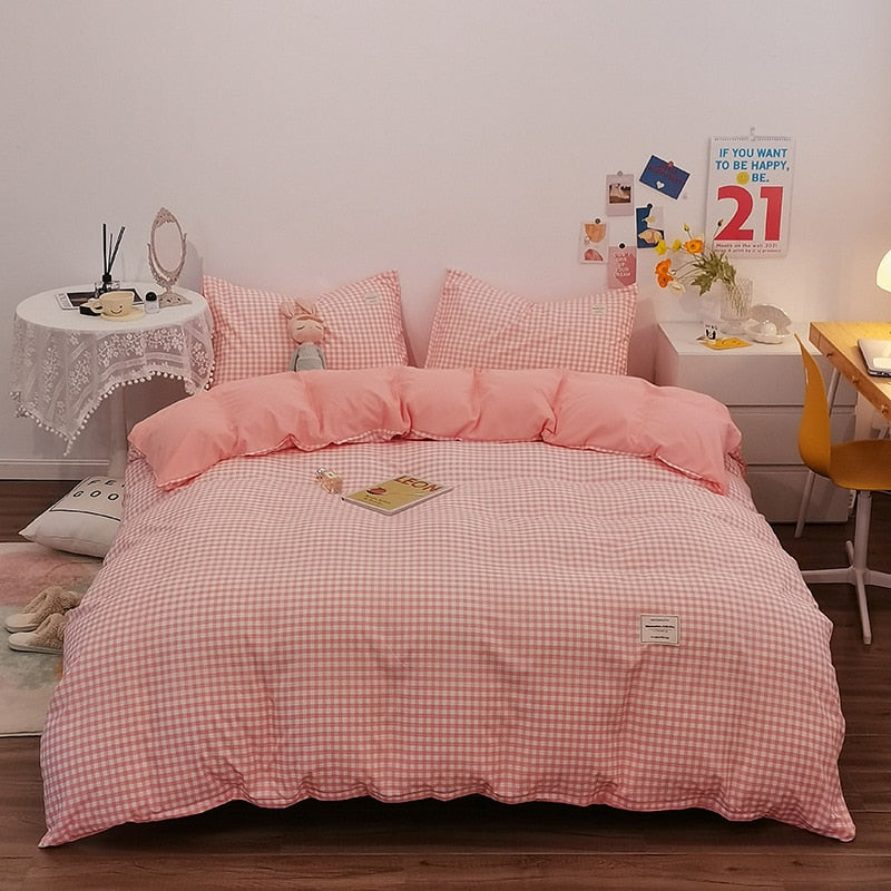 Japanese Bedding Set Grid Flat Fitted Sheet Pillowcase Duvet Cover No Filling Nordic Single Full King Size Girls Boys Bedl Lines