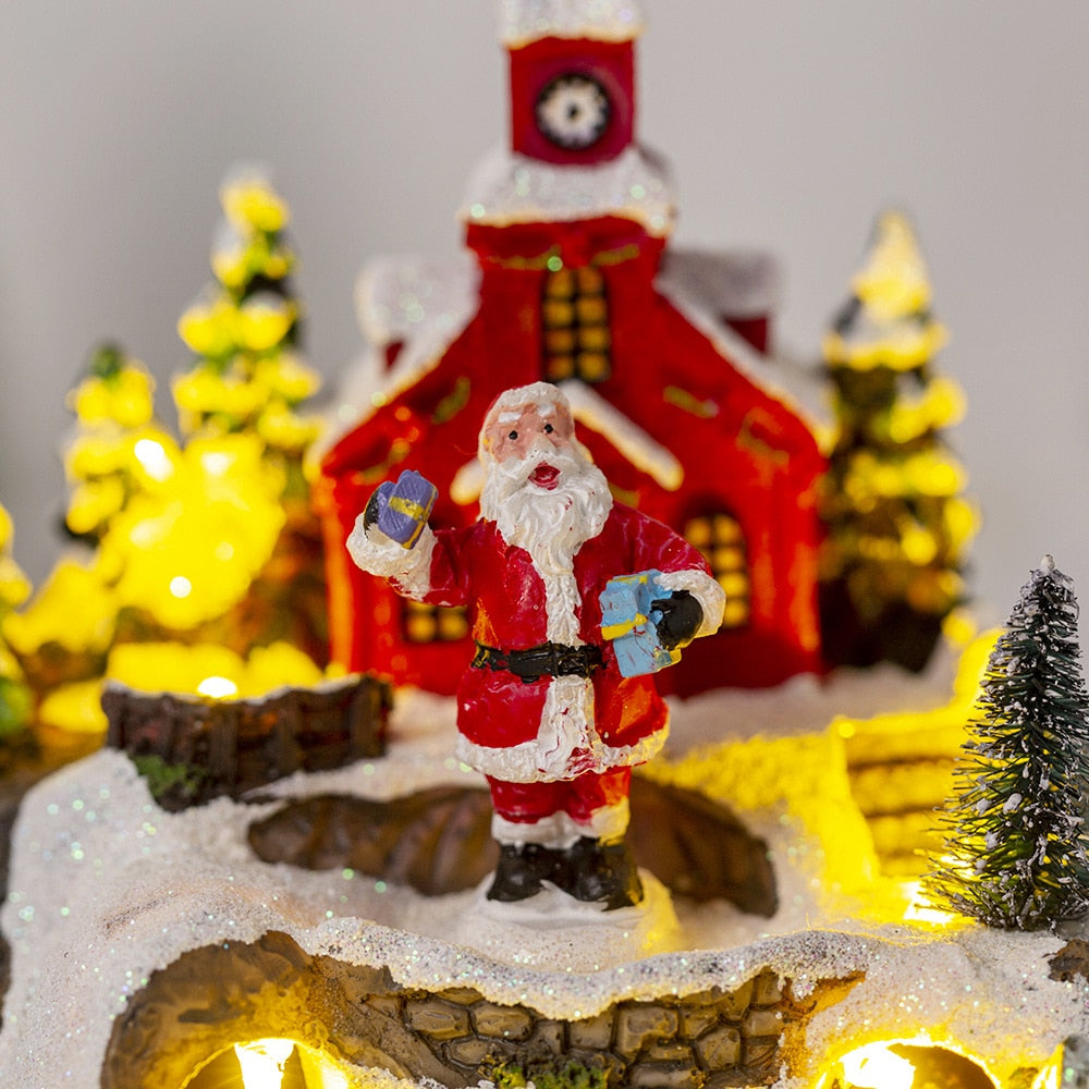Christmas House Village Music Led Glow Rotating Train Snowman Santa Building Cabin Resin Crafts Xmas Holiday Ornament Home Decor
