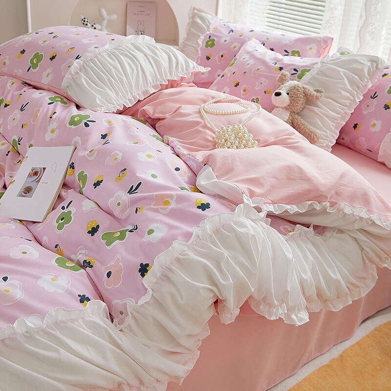 INS Princess Style Flower Bedding Set Duvet Cover With Ruffle Lace Bed Sheet Pillowcases Kawaii Girl Woman Bedroom Home Textiles