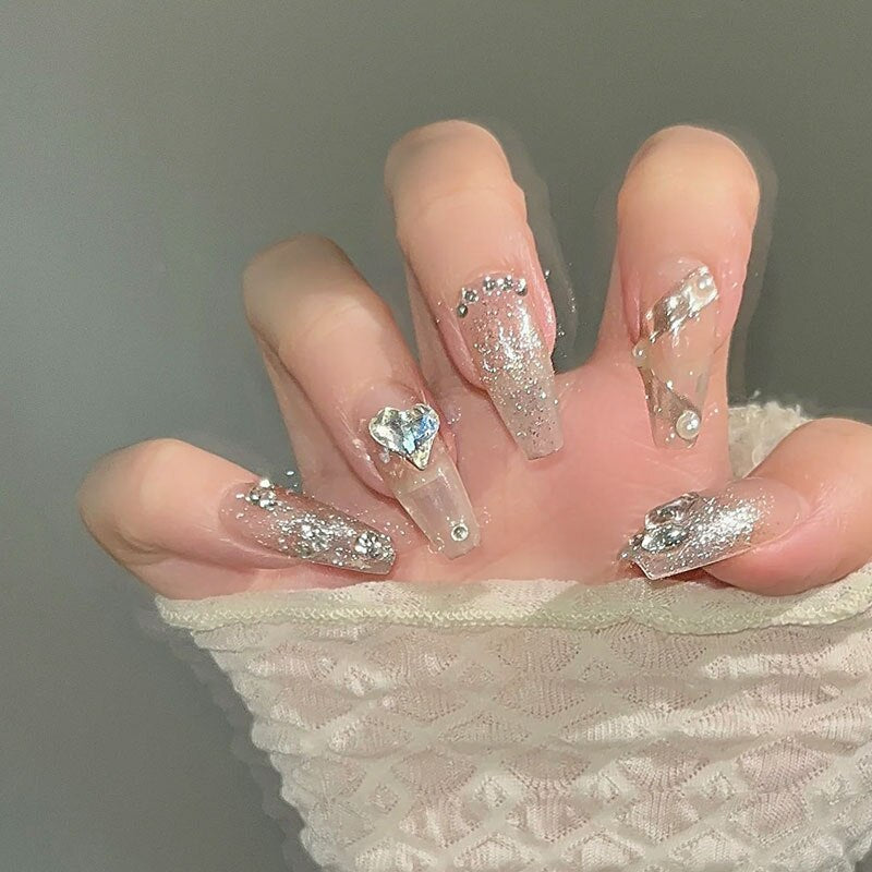 （Handmade Manicures）10 PCS Fake Nail Patch Finished Product Clear And Gentle Glitter Diamond Appears White And Removable