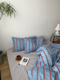 New 100% Cotton Blue Bedding Set Luxury Simple Striped Bed Sheet Quilt Cover Pillow Case Bed Hat Fashion Design 2.0m/1.2m Bed