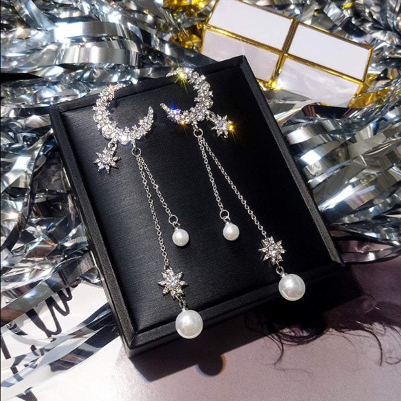 Exquisite Temperament Star Crystal Tassel Drop Earrings for Women Shiny Zircon Star Moon Imitation Pearl Earring Wedding Jewelry