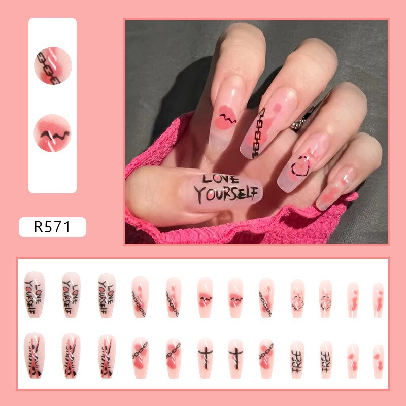 24Pcs/Set Short False Press on Nail Tip with Glue Designs Detachable Reusable Fake Nails with Glue Stick-on Nail Art DIY Tips