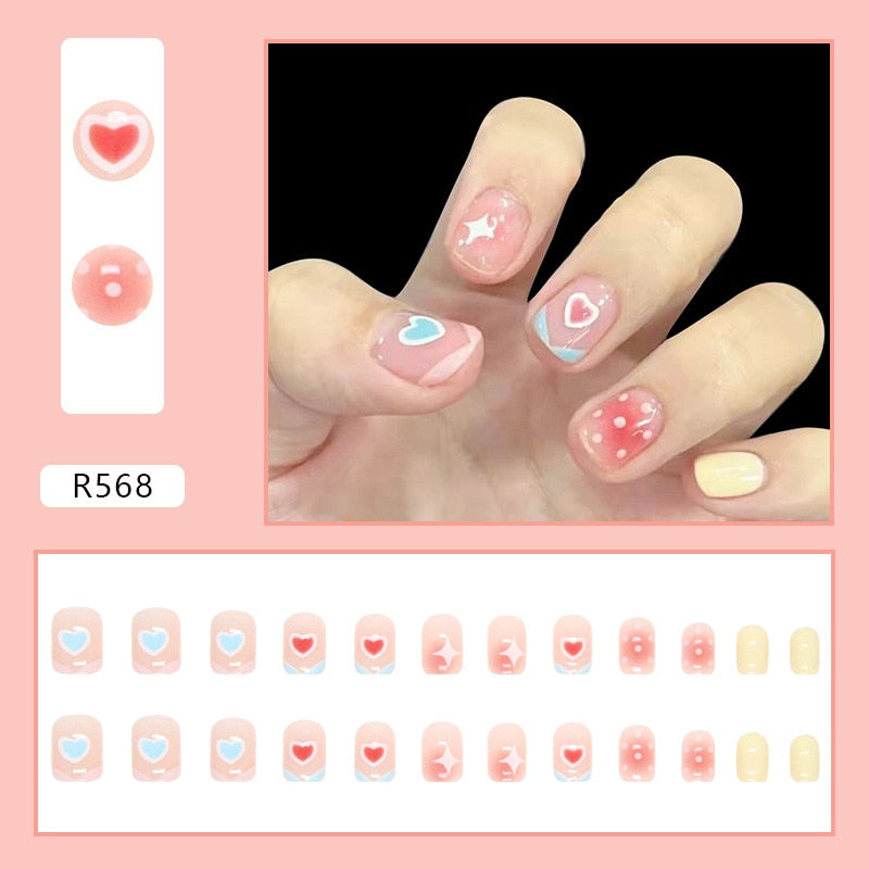 24Pcs/Set Short False Press on Nail Tip with Glue Designs Detachable Reusable Fake Nails with Glue Stick-on Nail Art DIY Tips