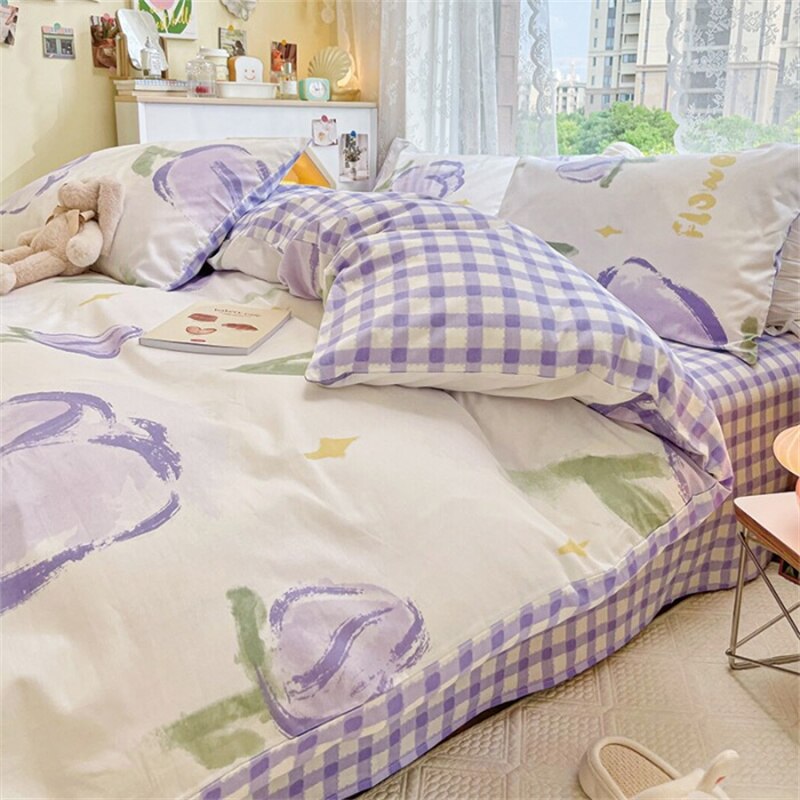 Flowering Plant Print Queen Bedding Set Cotton Soft Comfortable Duvet Cover Set with Sheets Skin Friendly Comforter Bedding Sets