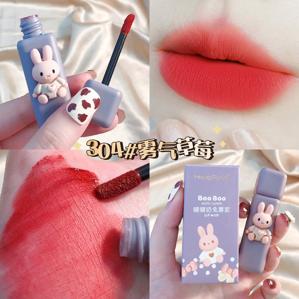 Cartoon Cute Sexy Red Matte Lip Gloss Velvet Liquid Lipstick Lasting Chestnut Mud Lip Mousse Non-stick Cup Lip Tint Clay Makeup