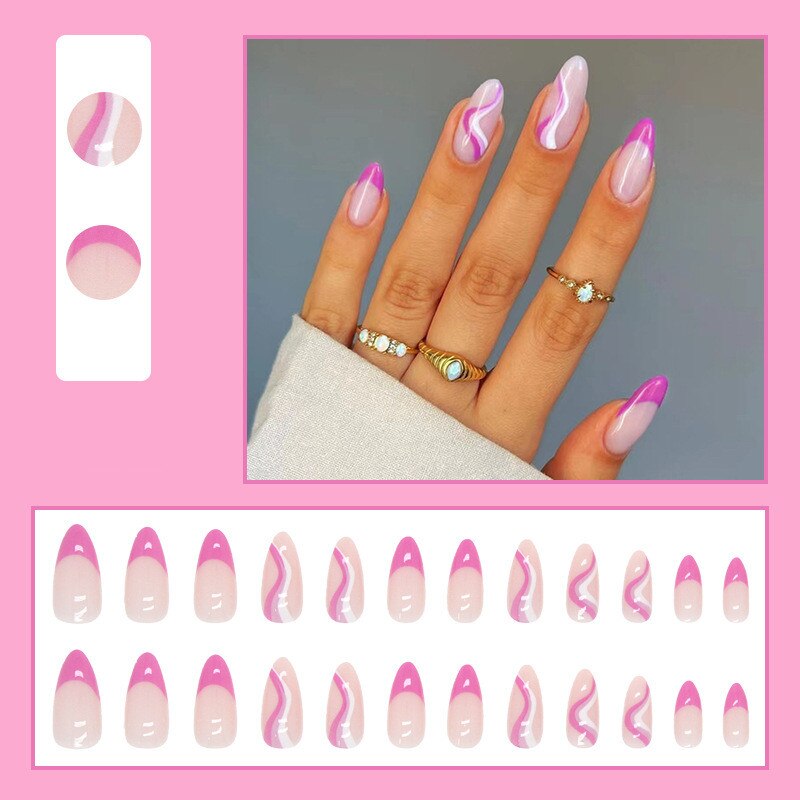 24Pcs Mid-length Fake Nails with Butterfly Design Almond Wavy Lines False Nails Wearable Press on Nails Full Cover Nail Tips