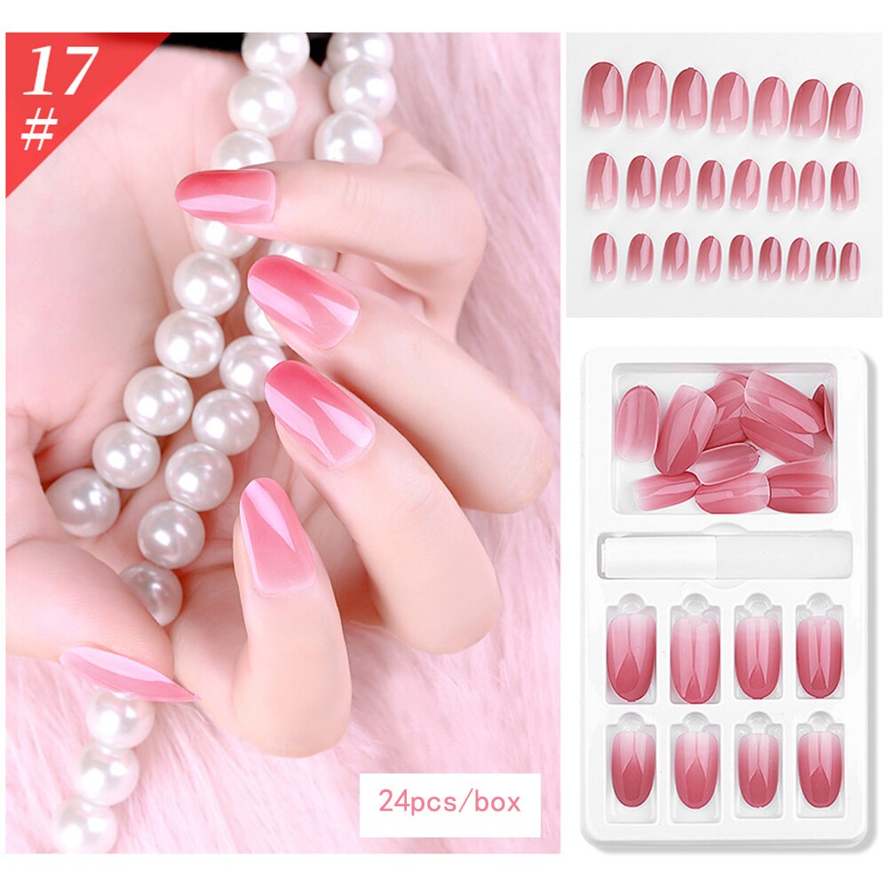 24 Pcs/Box False Nail Glitter Mirror Aurora Full Cover Nail Tips Coffin Fake Nails Gradient Nail DIY Decoration